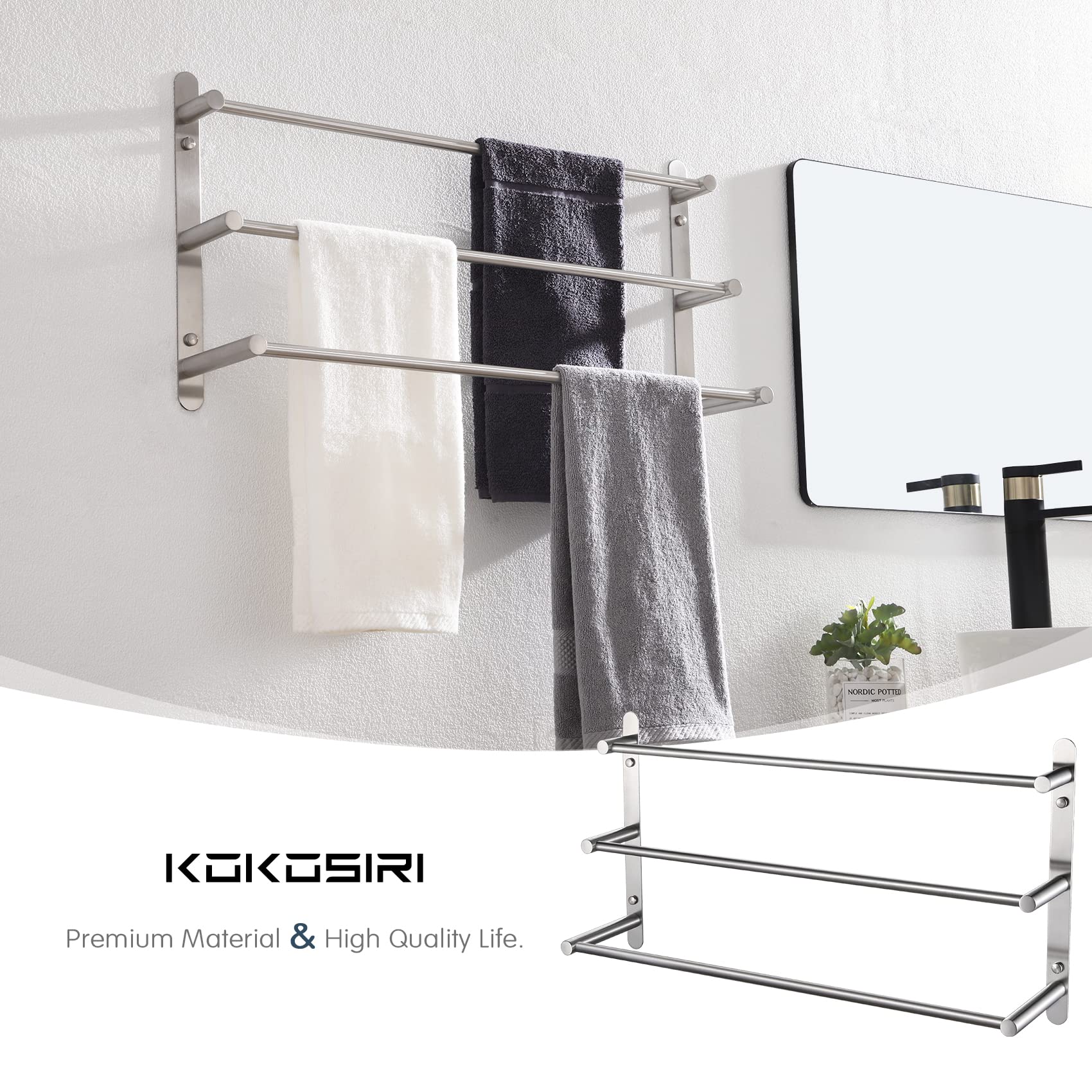 KOKOSIRI Bath Towel Bars Stainless Steel Bathroom 3-Tiers Ladder Towel Rack Wall Mount Towels Shelves  Brushed Nickel  B5002BR